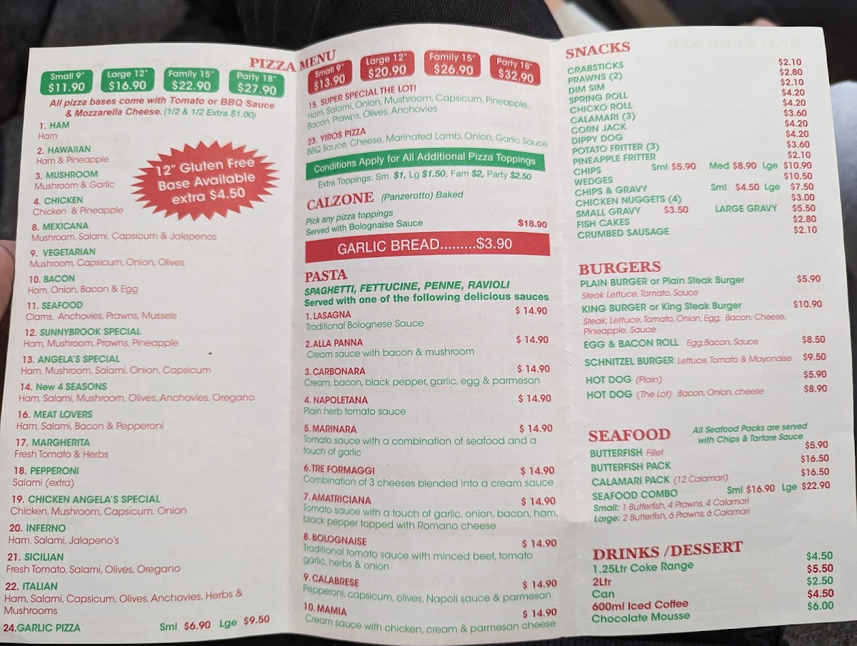 Menu, Angelas Pizza, Seafood & Pasta