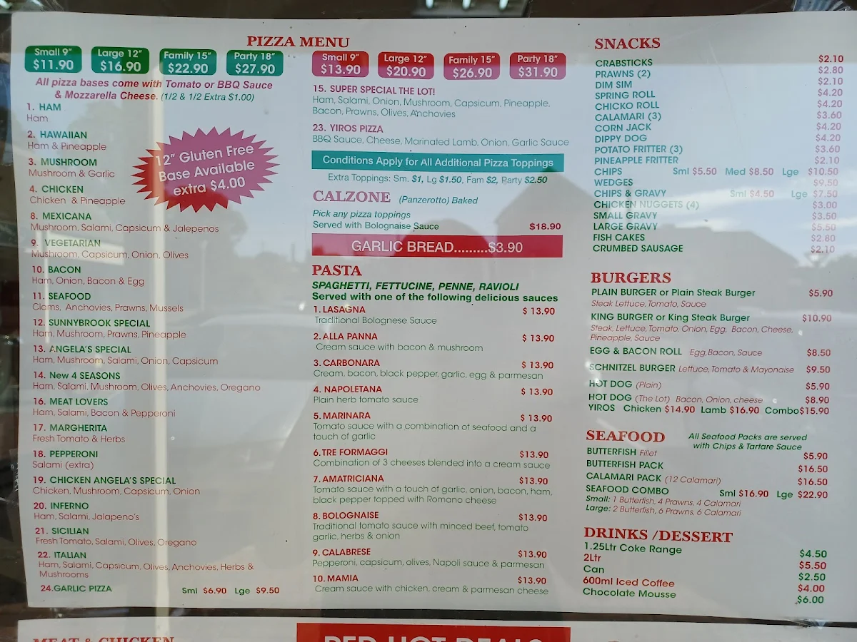 Menu, Angelas Pizza, Seafood & Pasta