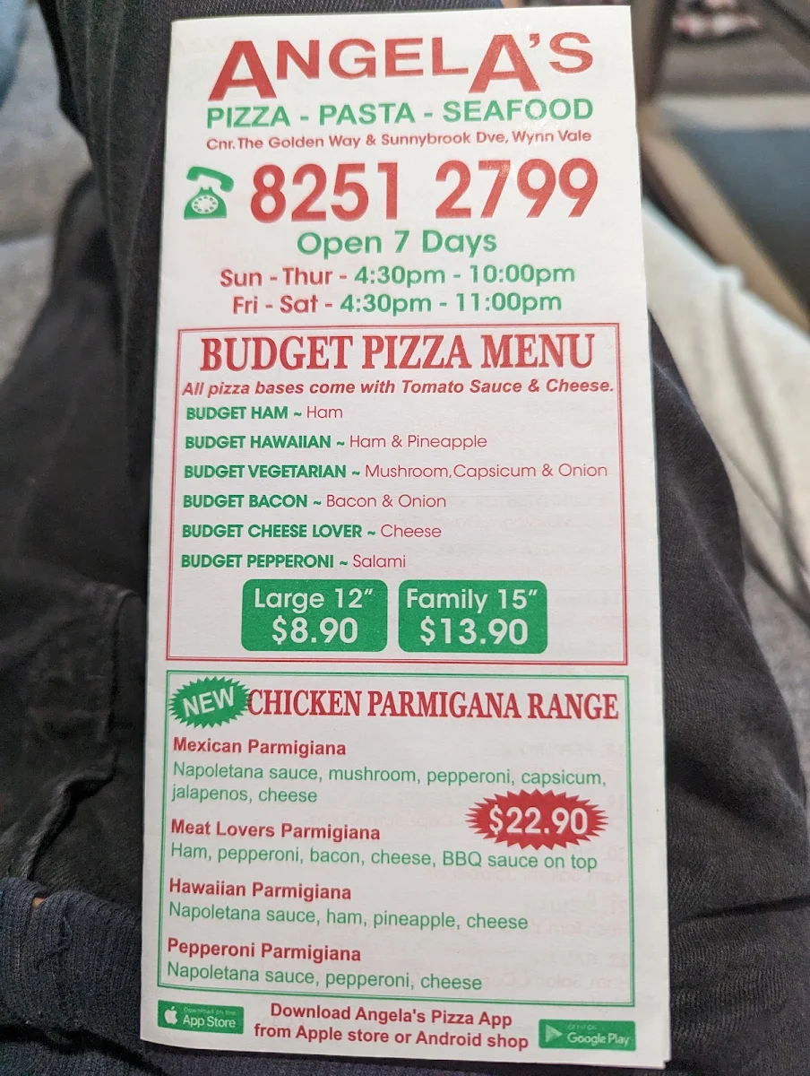 Menu, Angelas Pizza, Seafood & Pasta
