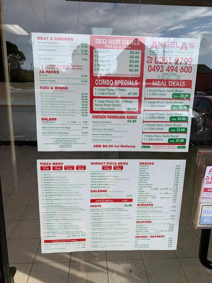 Menu, Angelas Pizza, Seafood & Pasta