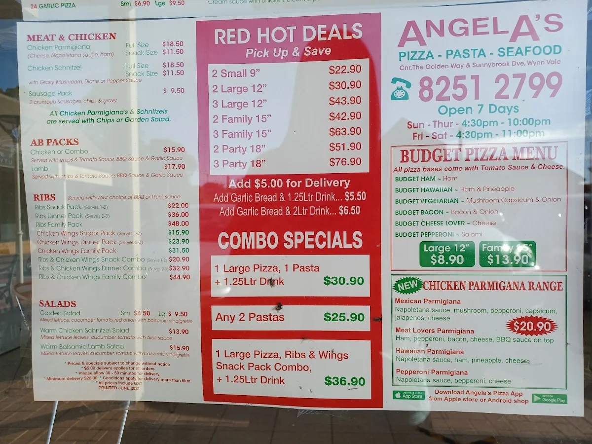 Menu, Angelas Pizza, Seafood & Pasta