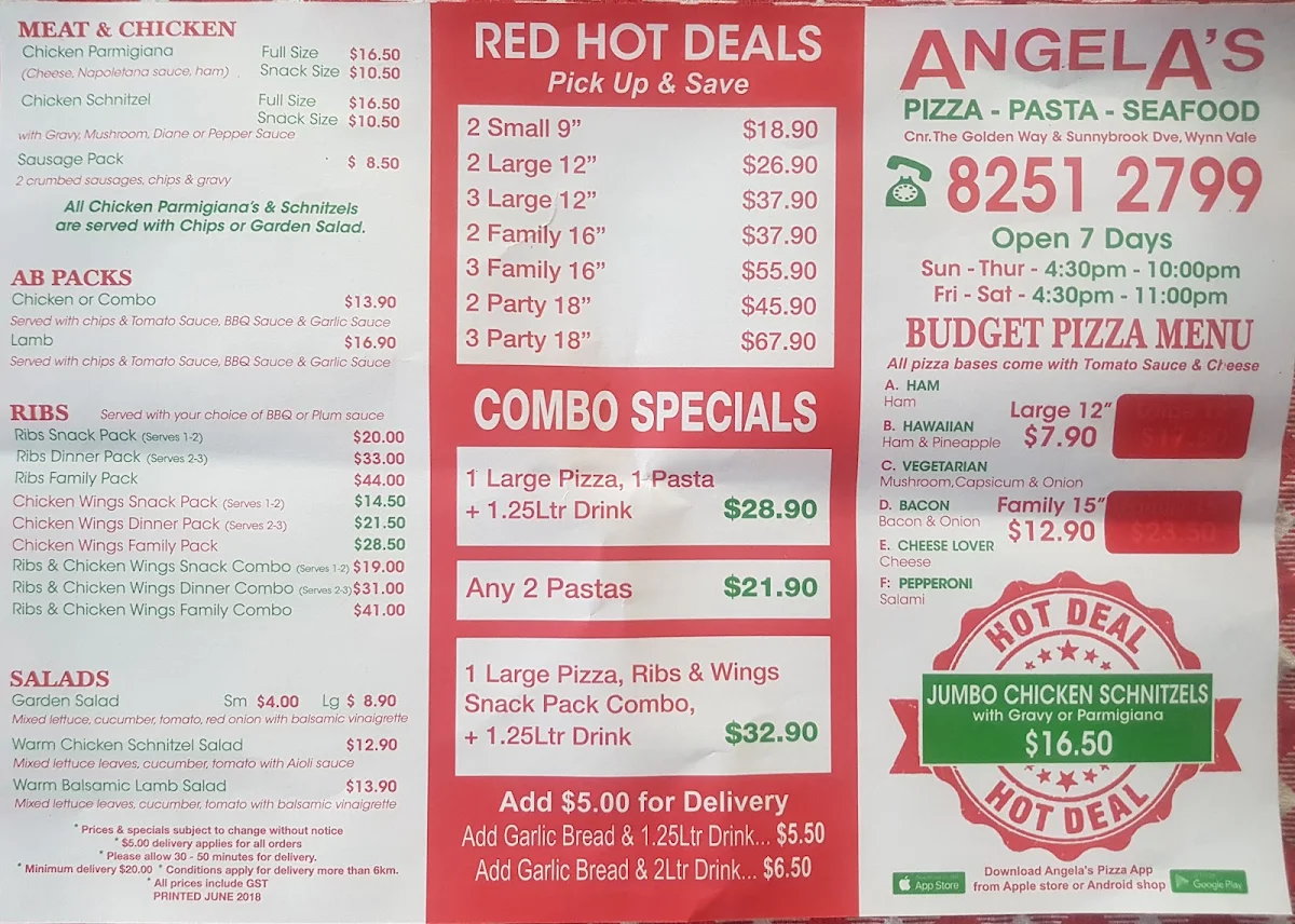 Menu, Angelas Pizza, Seafood & Pasta