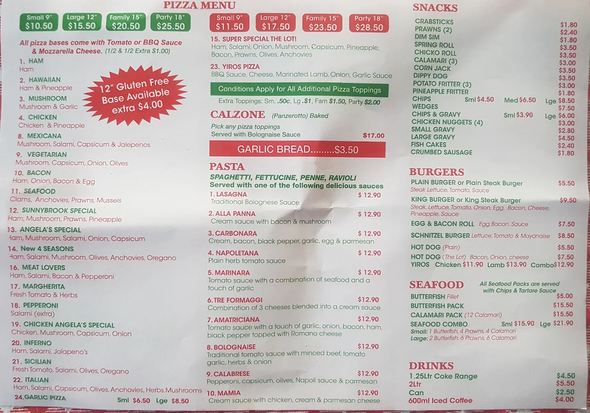 Menu, Angelas Pizza, Seafood & Pasta