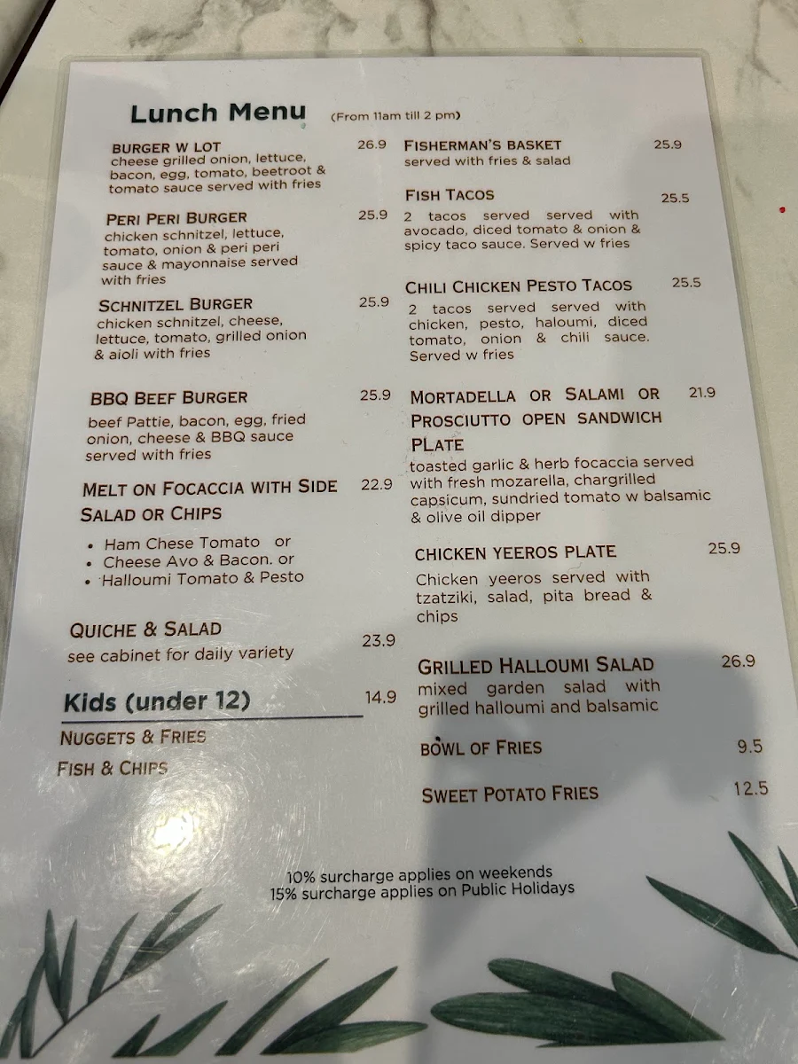 Menu, The Park Cafe Goulburn