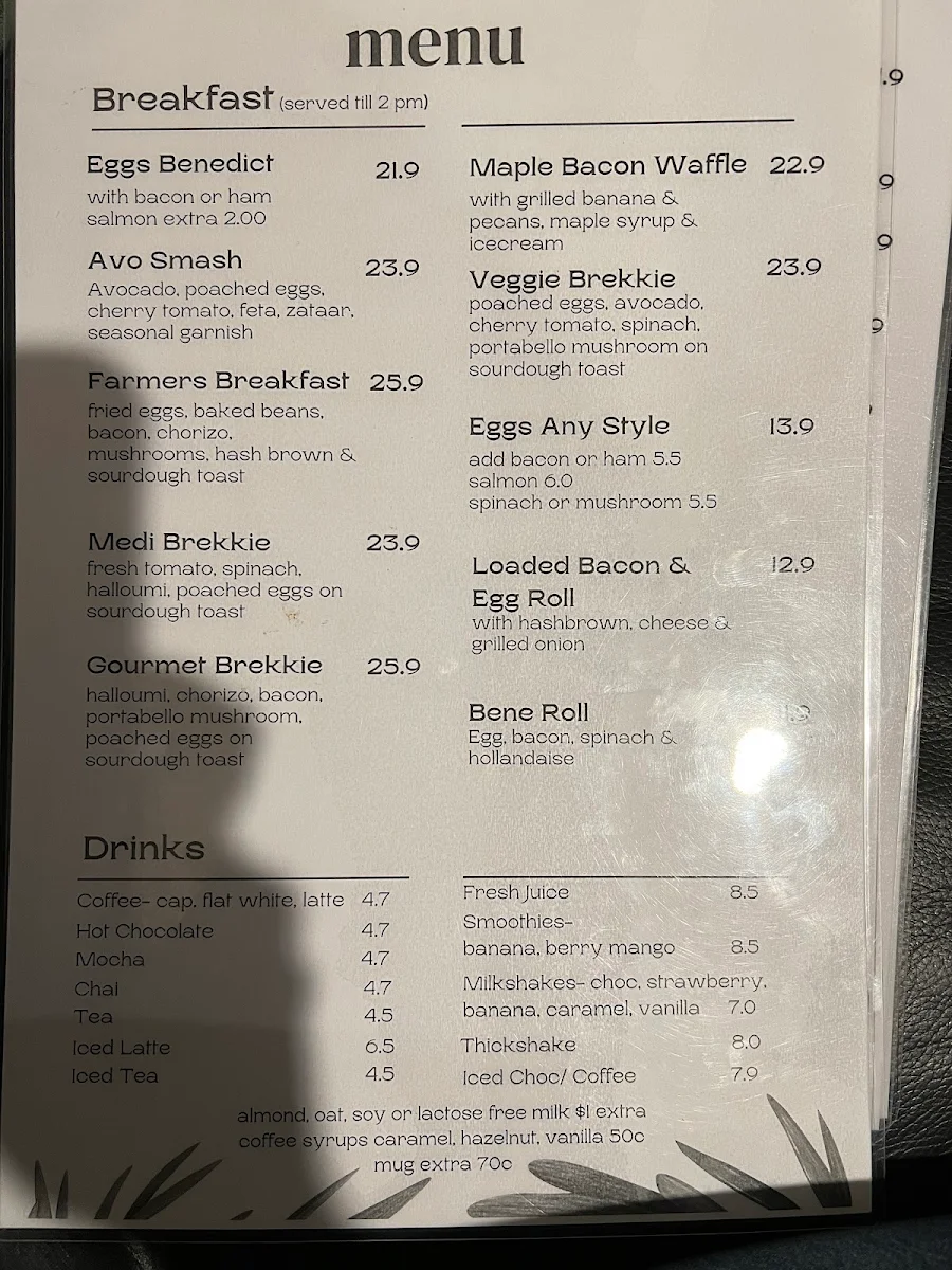 Menu, The Park Cafe Goulburn