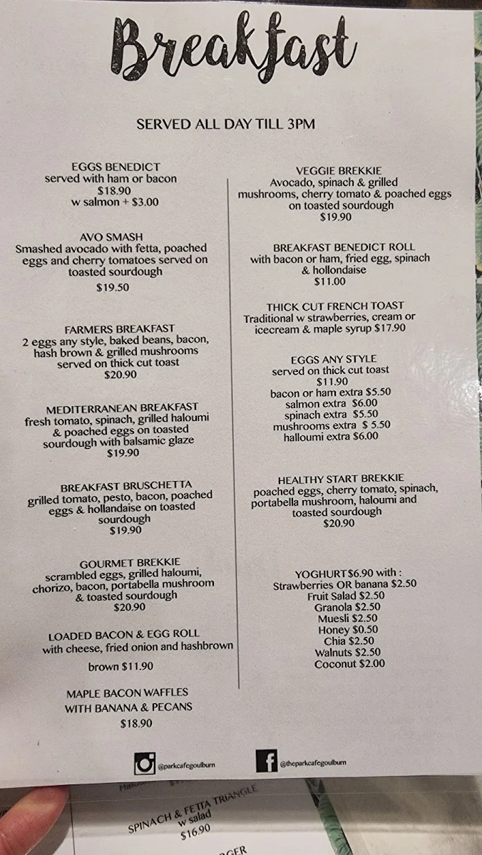 Menu, The Park Cafe Goulburn
