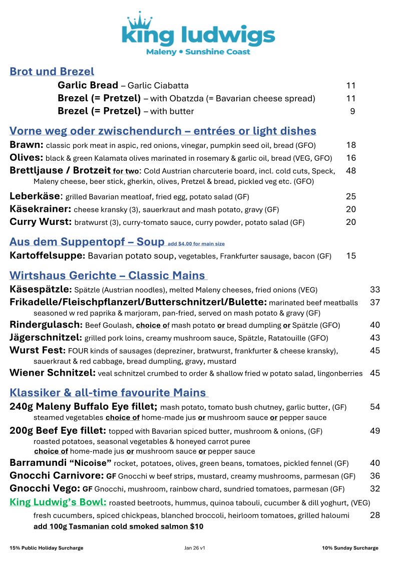 Menu, King Ludwigs German Restaurant and Bavarian Beer Bar