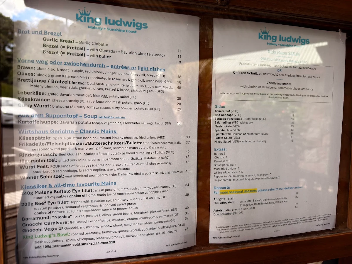 Menu, King Ludwigs German Restaurant and Bavarian Beer Bar