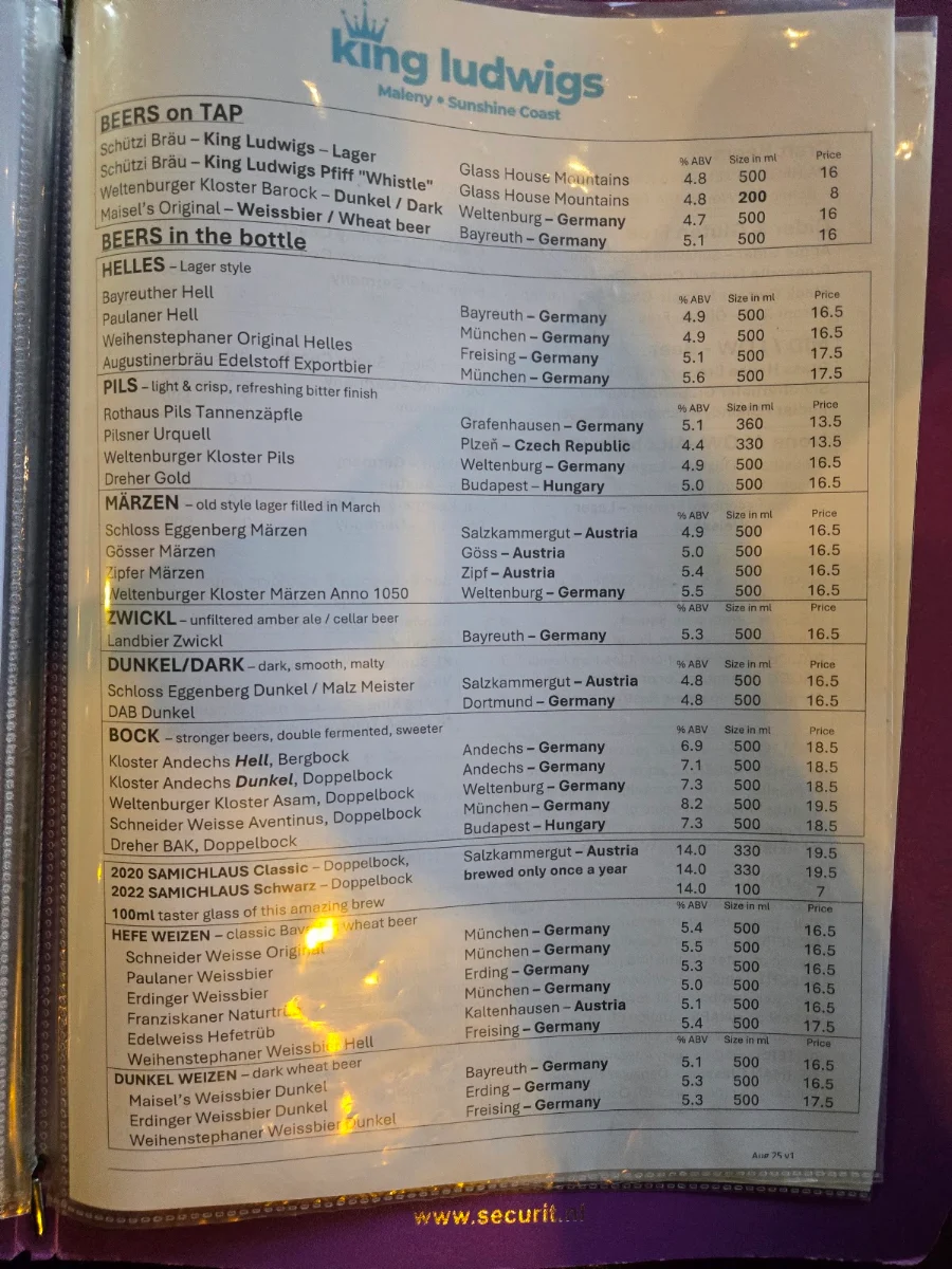 Menu, King Ludwigs German Restaurant and Bavarian Beer Bar