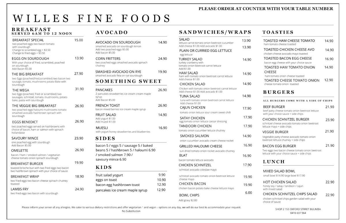 Menu, Willes Fine Foods