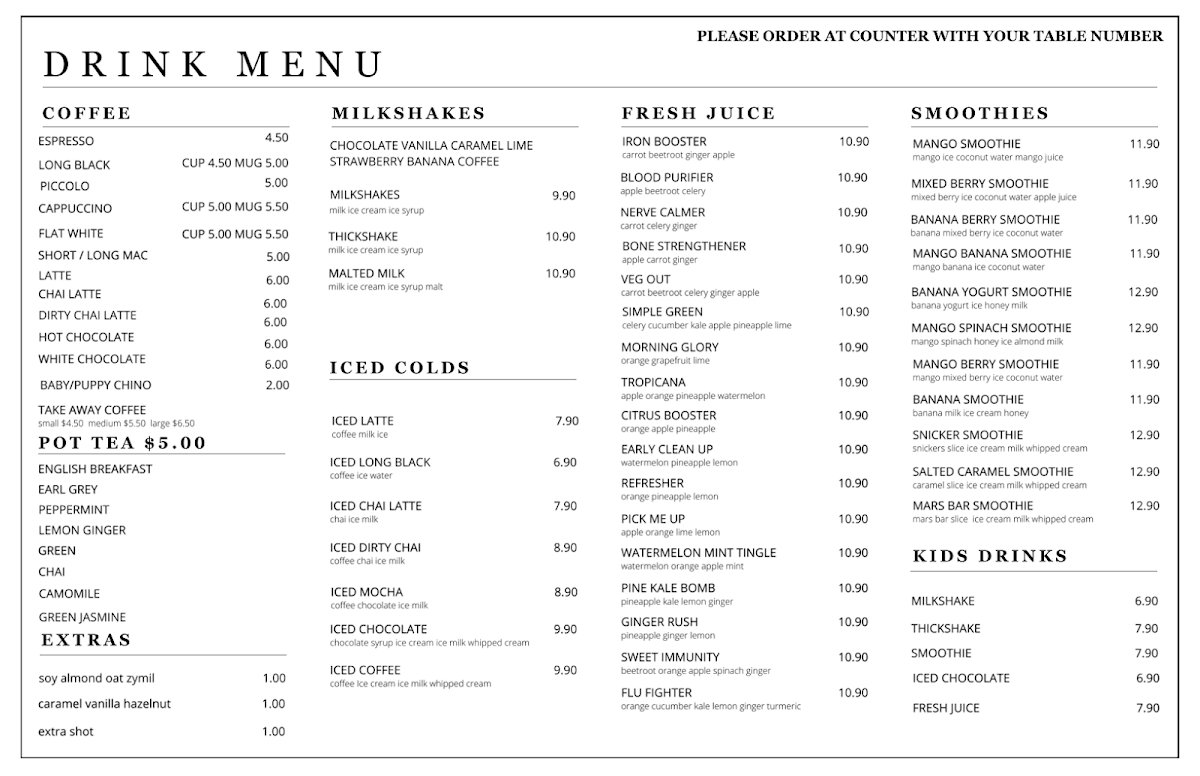 Menu, Willes Fine Foods