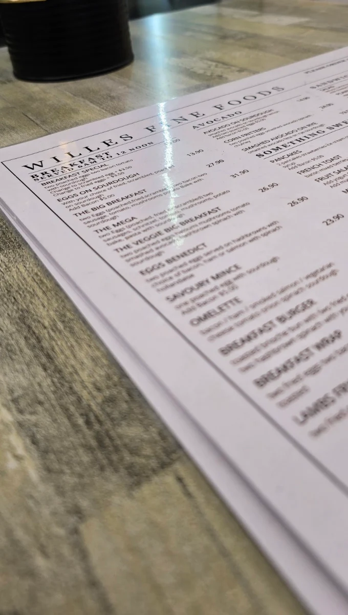 Menu, Willes Fine Foods