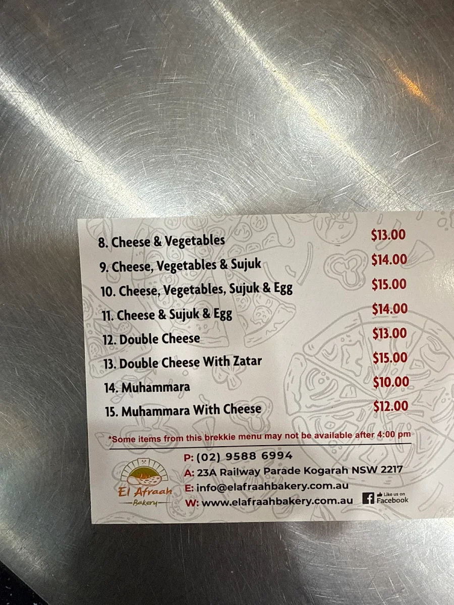 Menu, El Afraah Bakery Kogarah