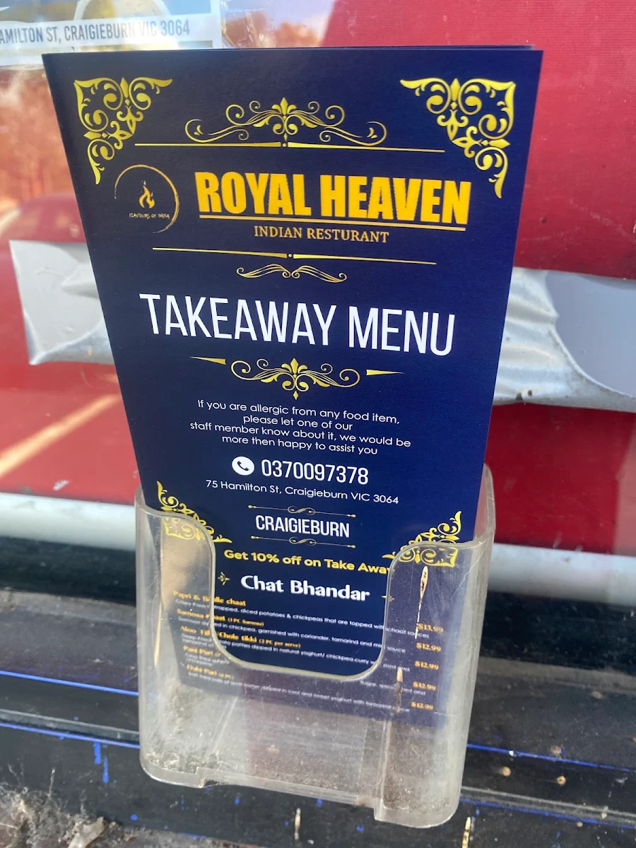 Menu, Royal Heaven Indian Restaurant