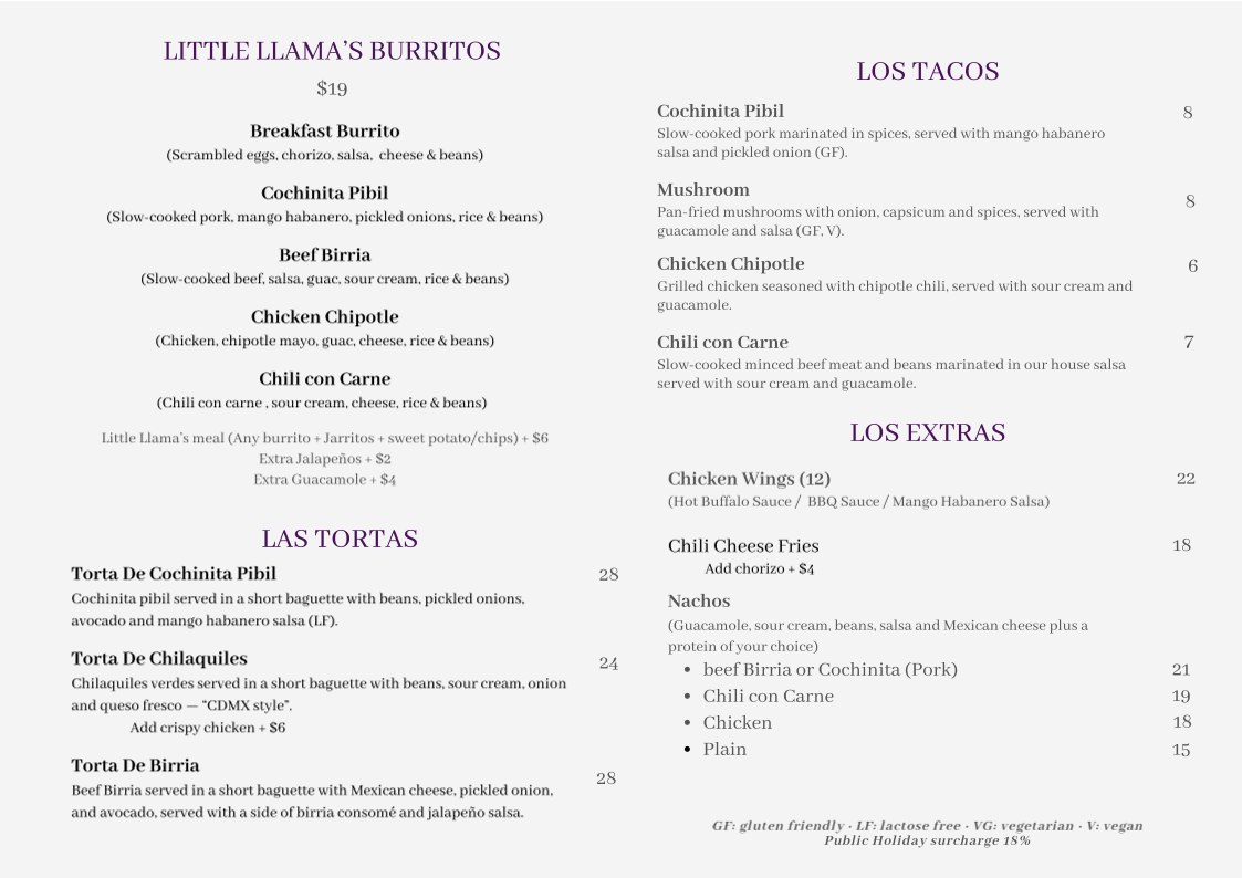 Menu, The Hungry Llama