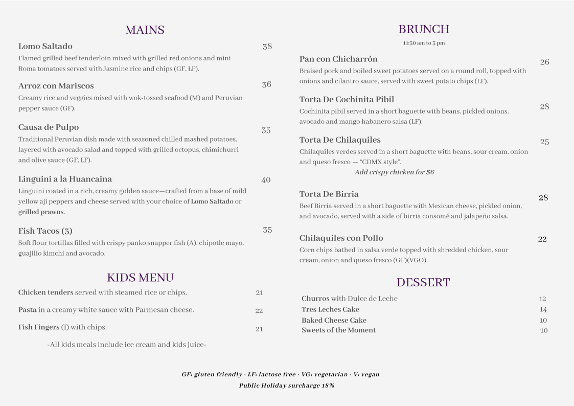 Menu, The Hungry Llama