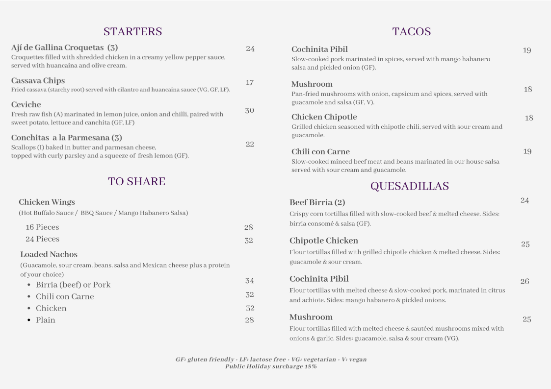 Menu, The Hungry Llama