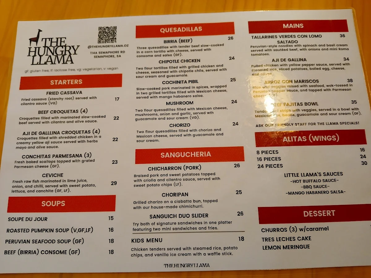 Menu, The Hungry Llama