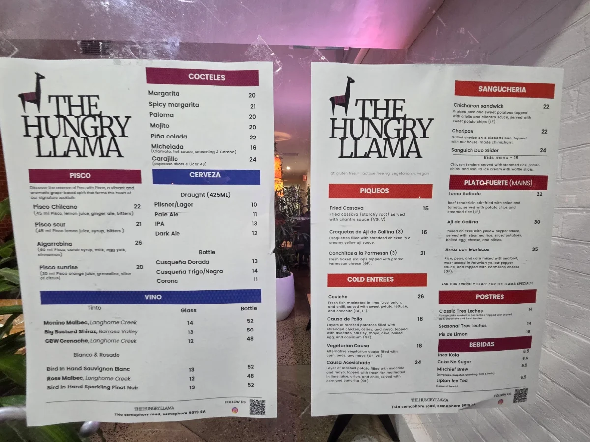 Menu, The Hungry Llama