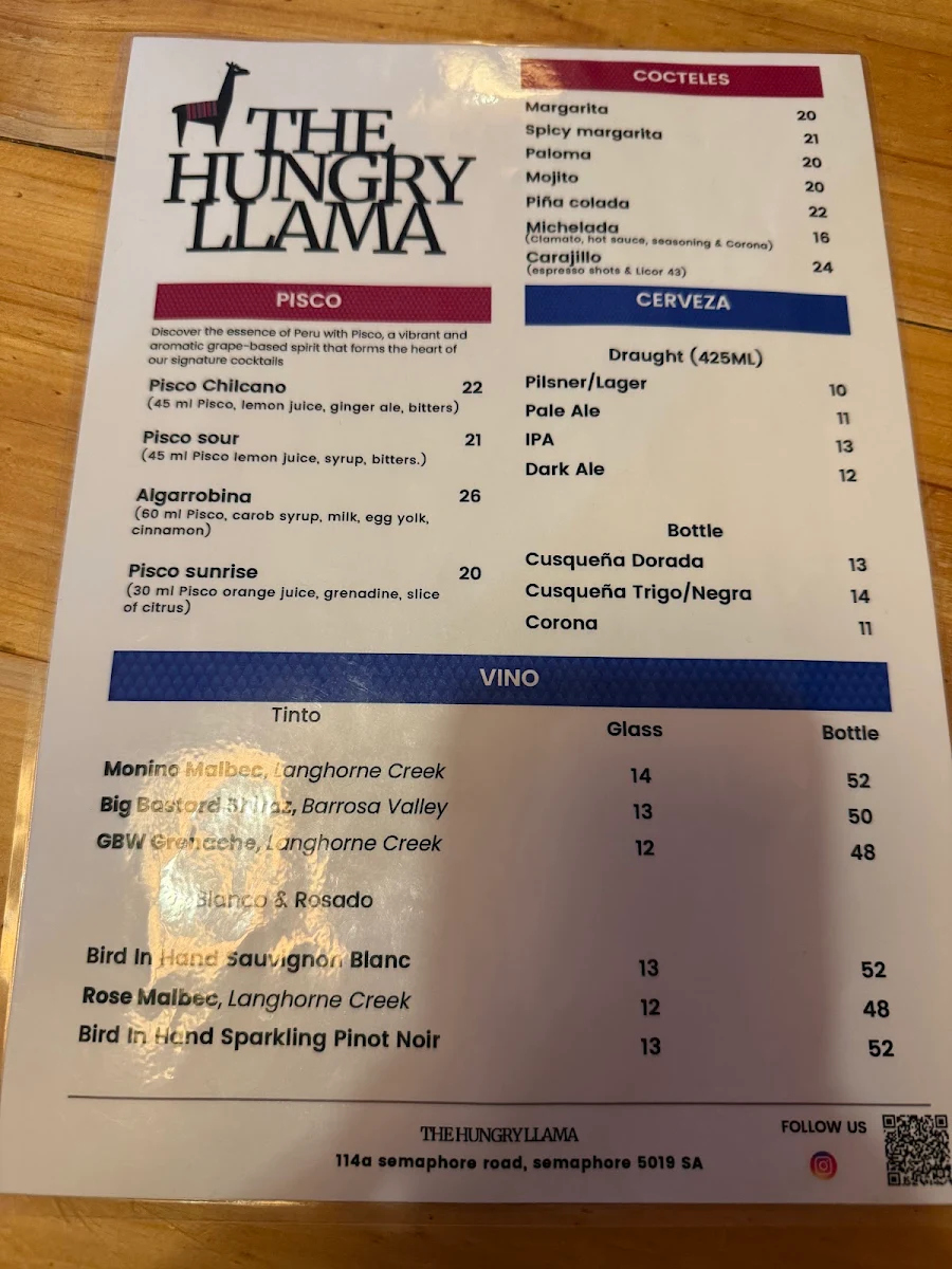 Menu, The Hungry Llama