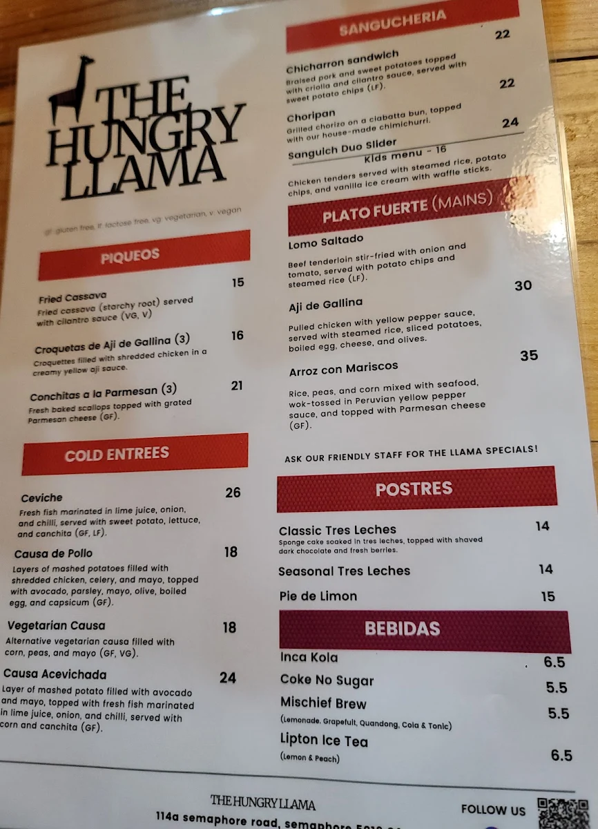 Menu, The Hungry Llama