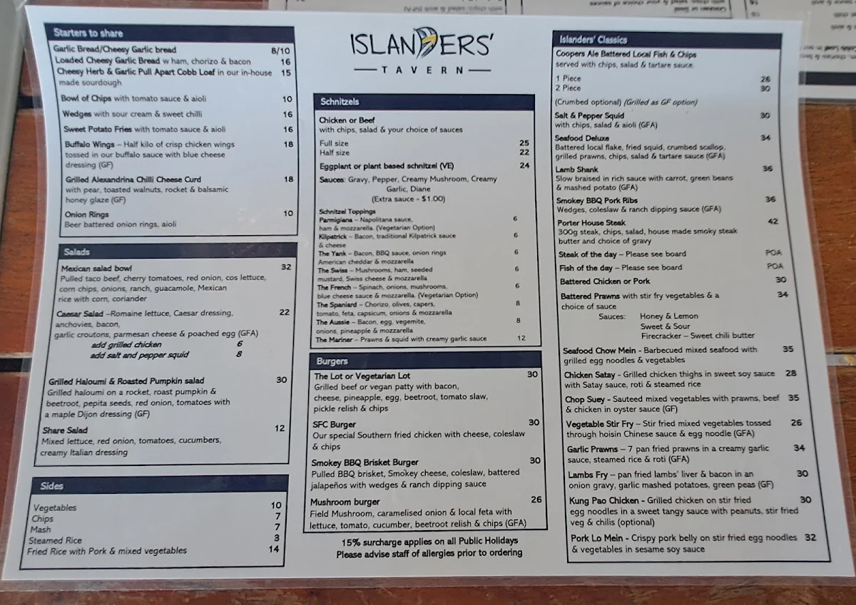 Menu, Islanders' Tavern