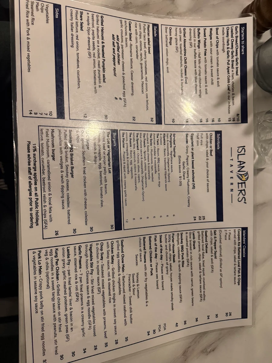 Menu, Islanders' Tavern