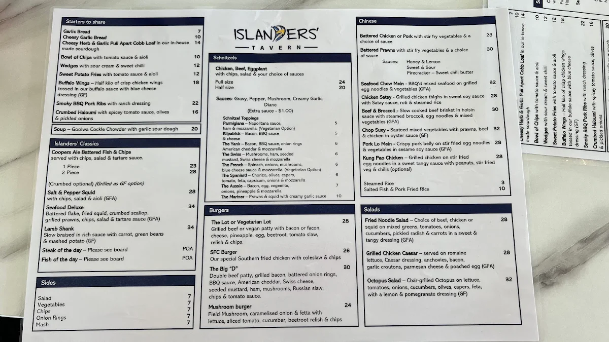 Menu, Islanders' Tavern