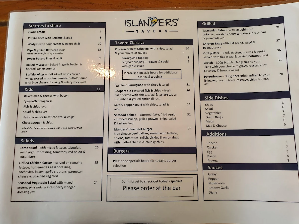 Menu, Islanders' Tavern
