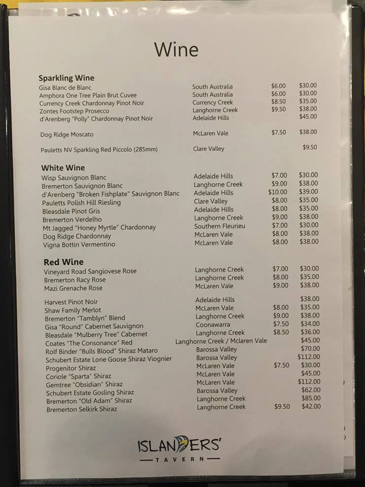 Menu, Islanders' Tavern