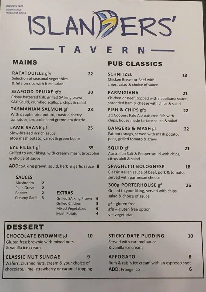 Menu, Islanders' Tavern