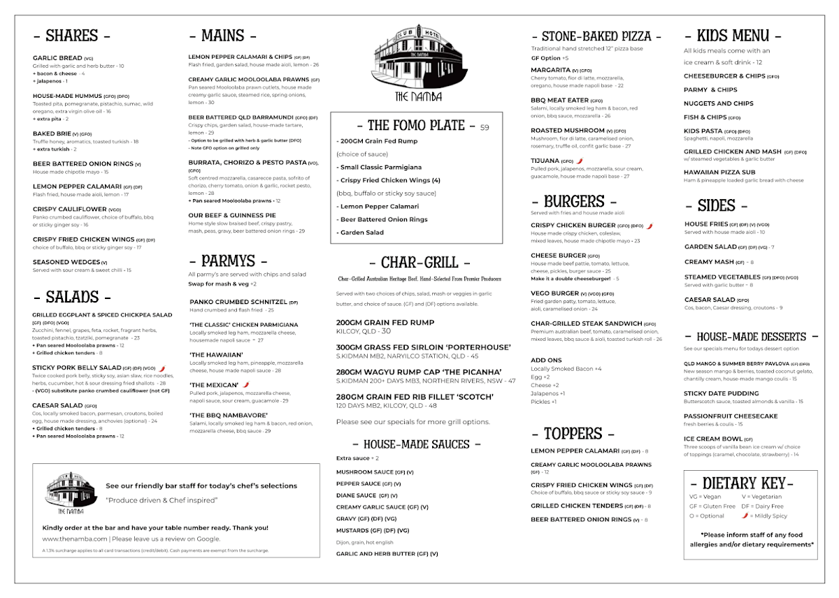 Menu, The Namba