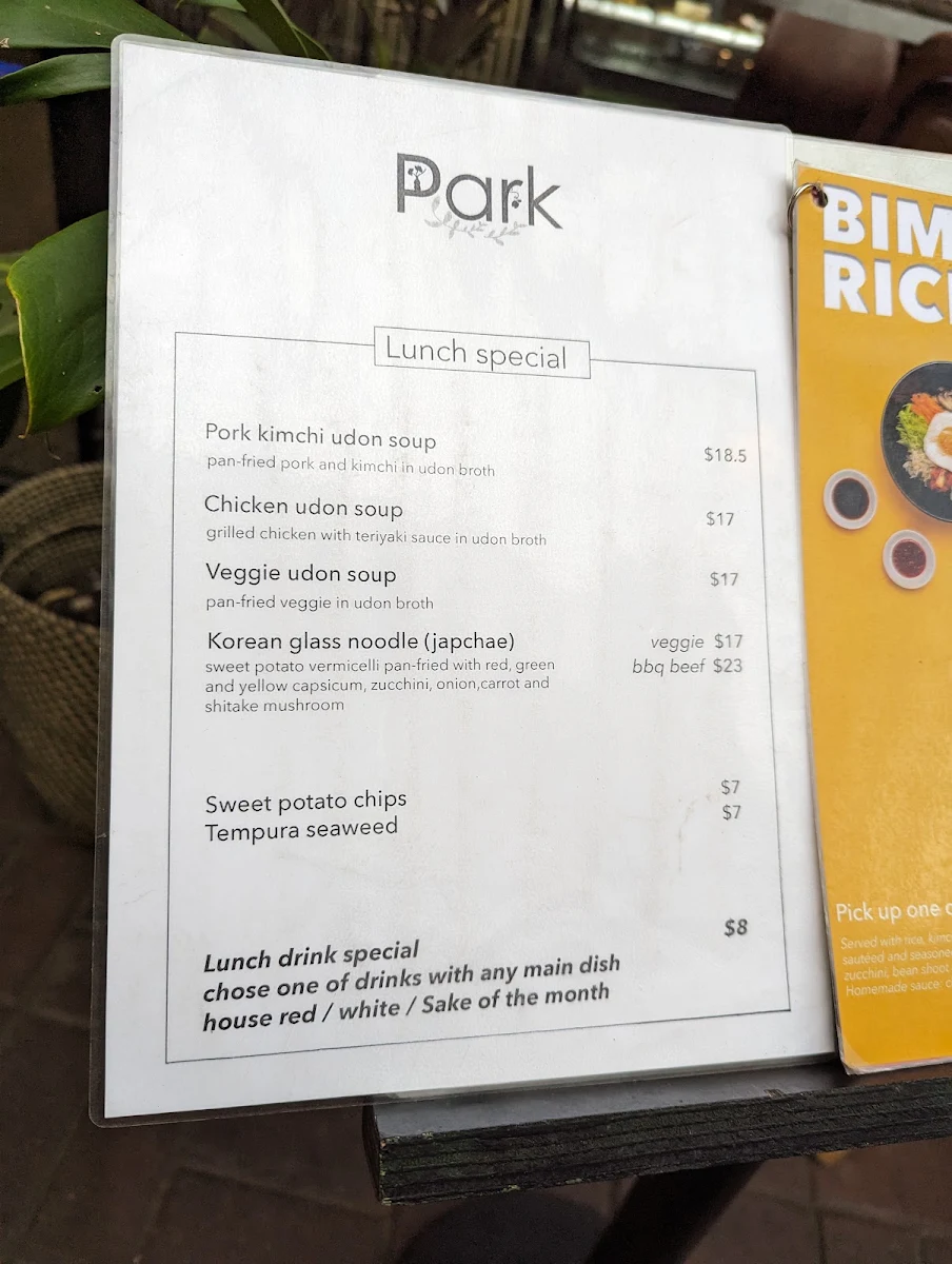 Menu, Park Bar