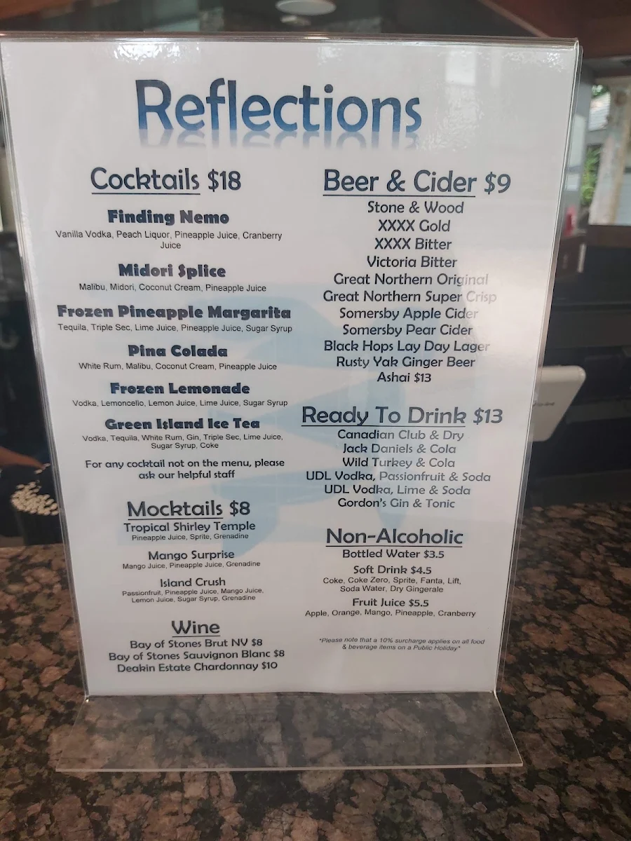 Menu, Reflections - Pool Bar