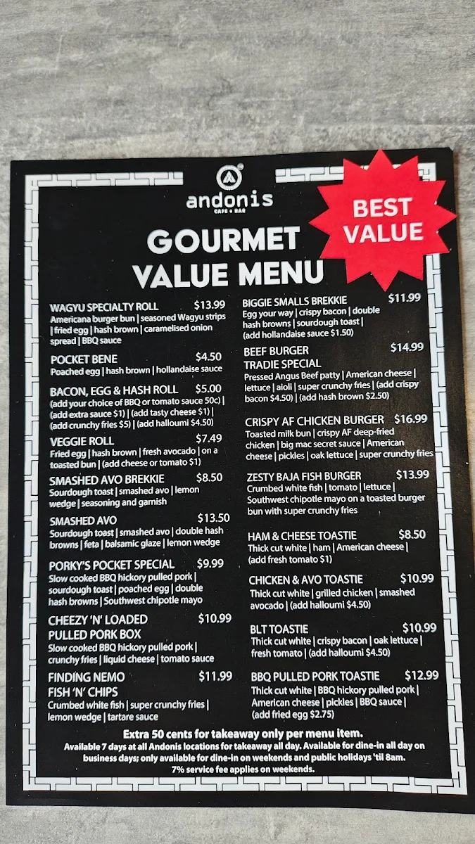 Menu, Andonis Cafe & Bar, Cornubia