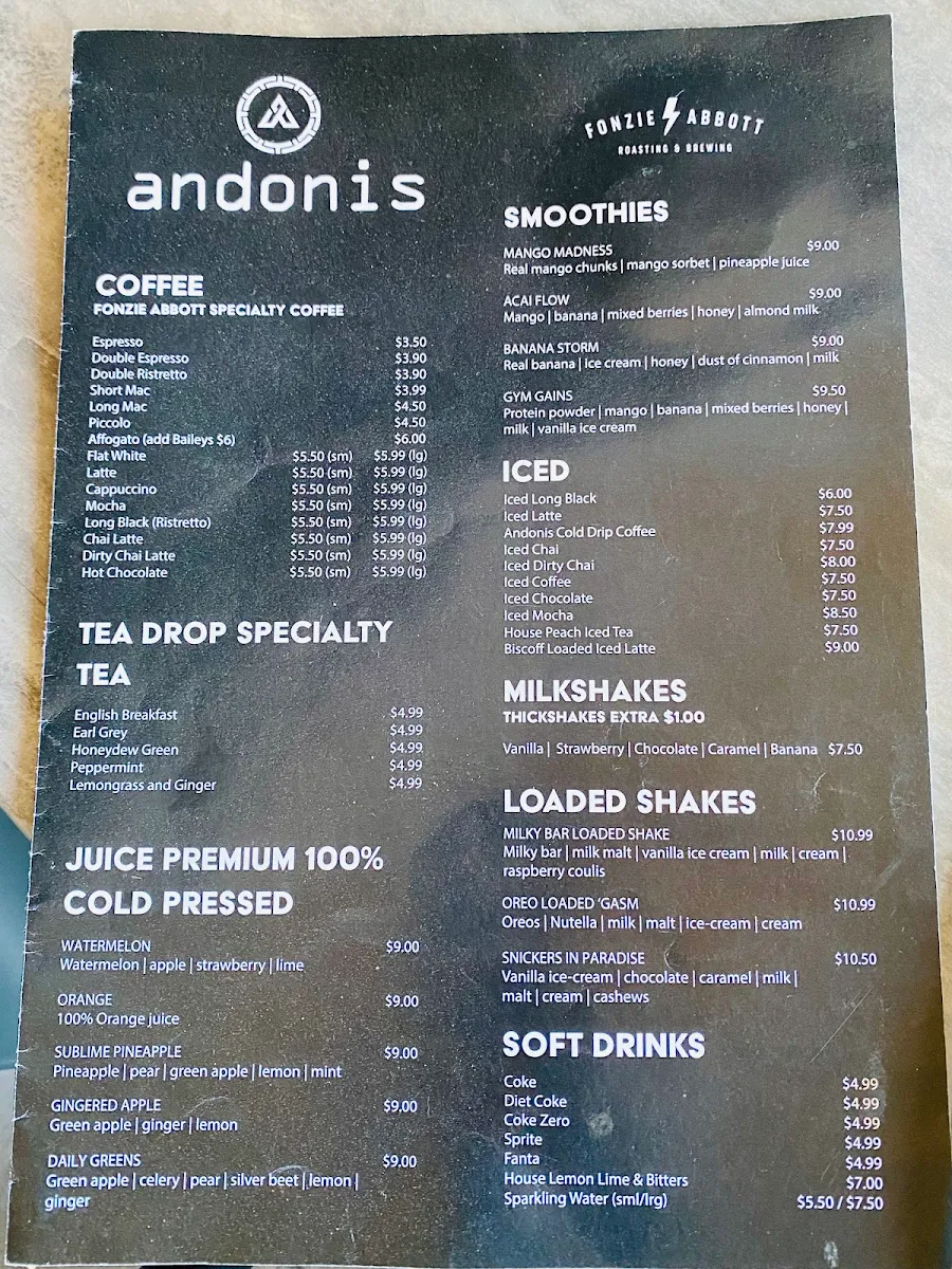 Menu, Andonis Cafe & Bar, Cornubia