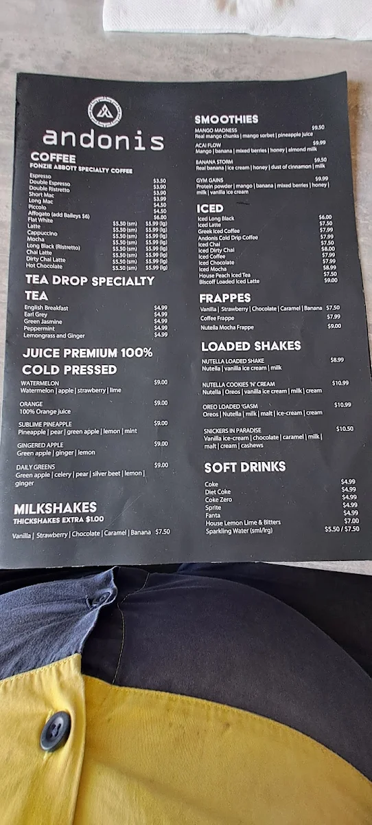 Menu, Andonis Cafe & Bar, Cornubia