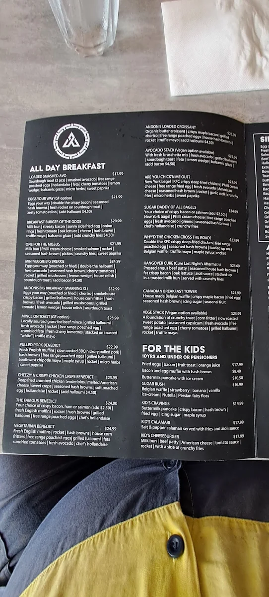 Menu, Andonis Cafe & Bar, Cornubia