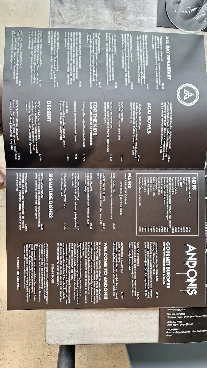 Menu, Andonis Cafe & Bar, Cornubia