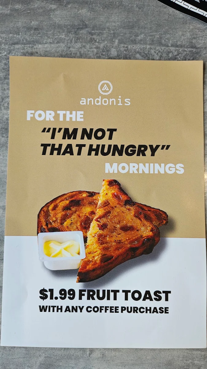 Menu, Andonis Cafe & Bar, Cornubia