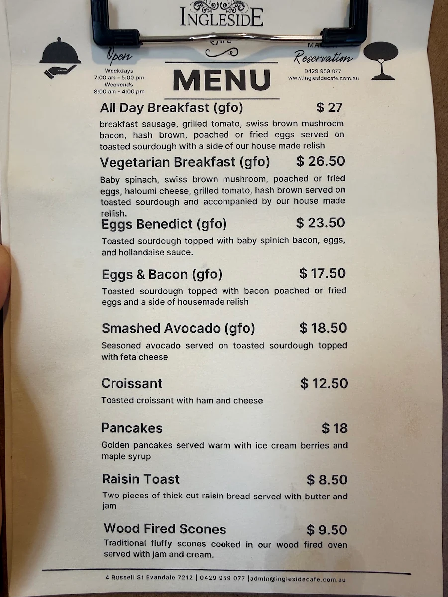 Menu, Ingleside Cafe