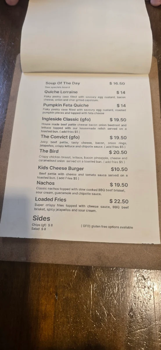 Menu, Ingleside Cafe
