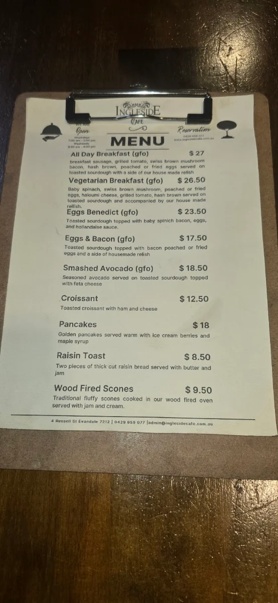 Menu, Ingleside Cafe