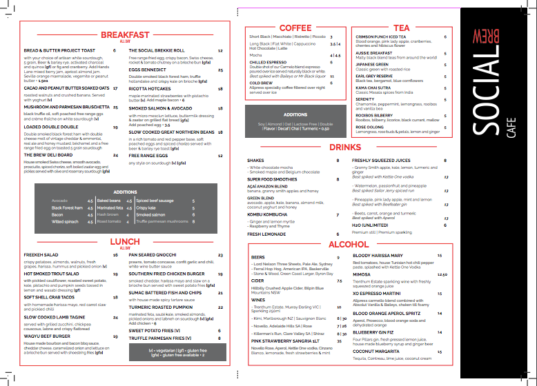 Menu, Social Brew Cafe