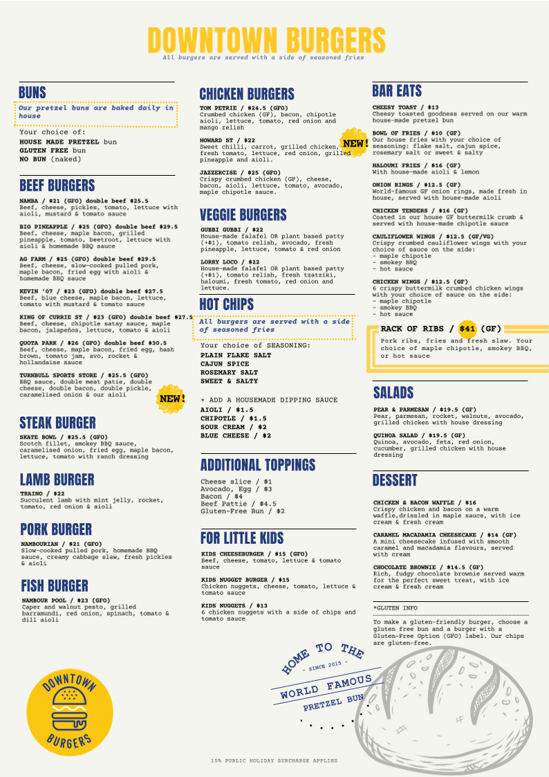 Menu, DownTown Burgers
