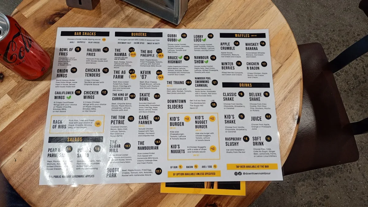 Menu, DownTown Burgers