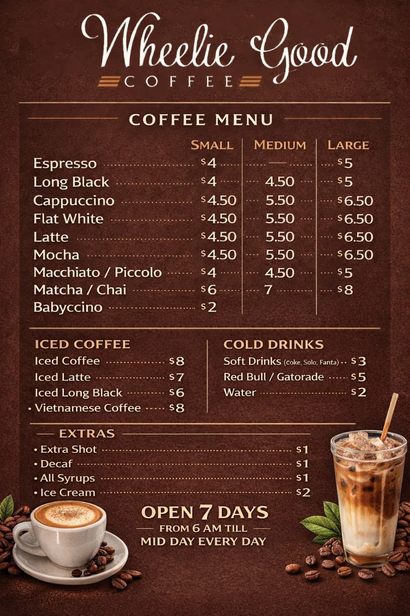 Menu, Wheelie Good Coffee