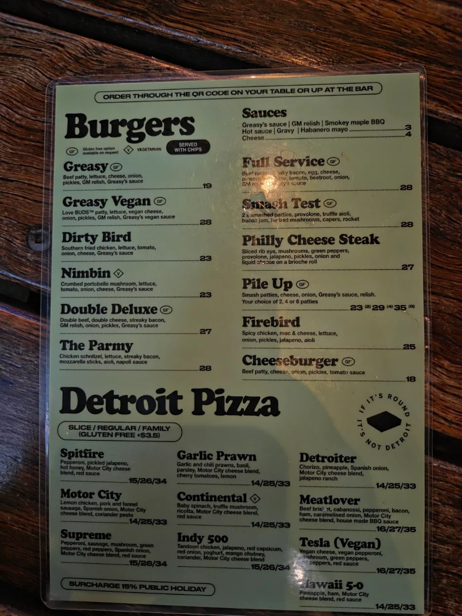 Menu, Grease Monkey