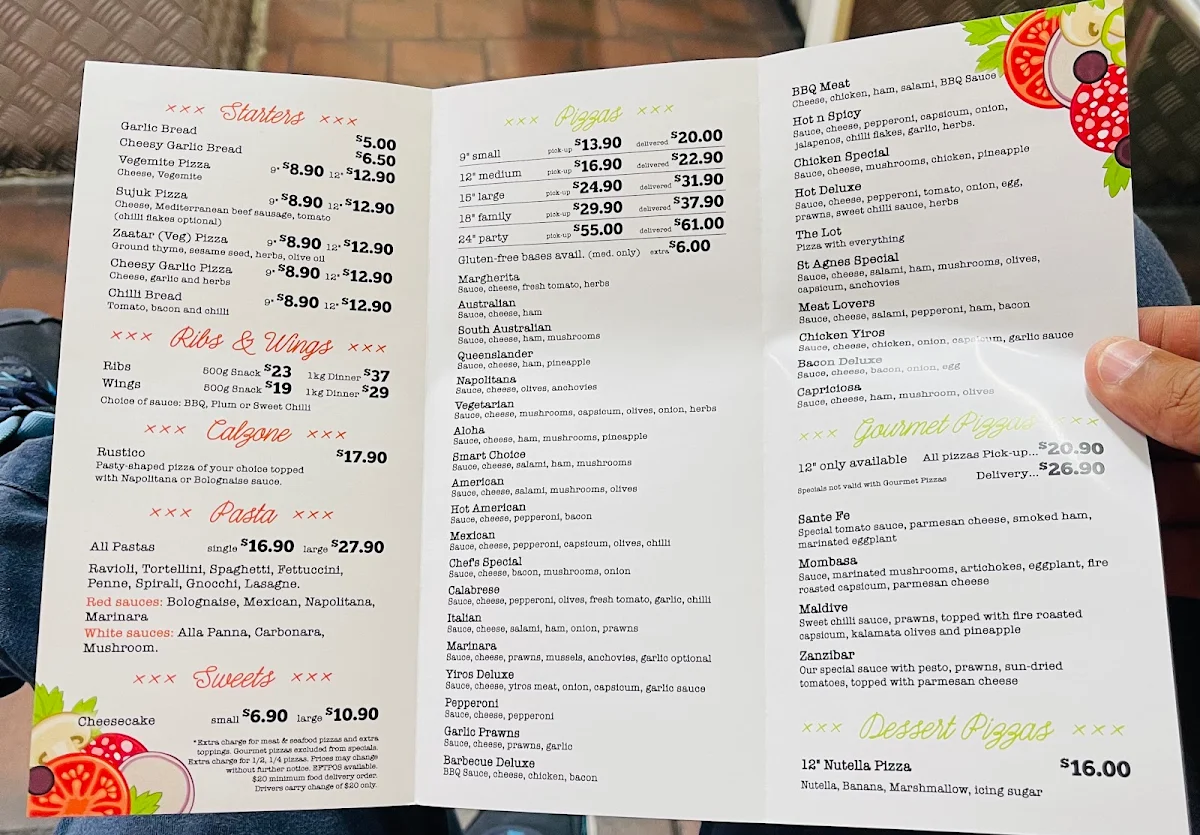 Menu, St Agnes Paradise Pizzeria