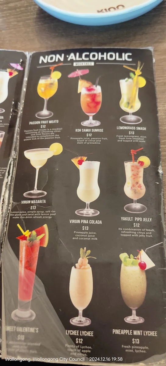 Menu, Kinn Thai Wollongong